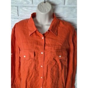 LAUREN Ralph Lauren Linen blouse Women's 2X Orange Roll Sleeve Pockets Button up